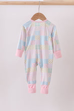 Load image into Gallery viewer, Pink floral checkered bamboo pajamas zipper romper
