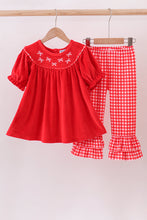 Load image into Gallery viewer, Red bow embroidery velvet ruffle pants set
