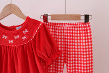Load image into Gallery viewer, Red bow embroidery velvet ruffle pants set
