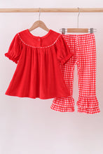 Load image into Gallery viewer, Red bow embroidery velvet ruffle pants set
