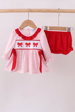 Load image into Gallery viewer, Pink bow embroidery gingham ruffle bloomer set

