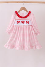 Load image into Gallery viewer, Pink bow embroidery gingham ruffle dress
