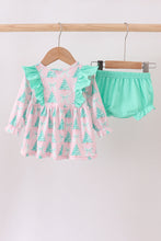 Load image into Gallery viewer, Pink christmas tree ruffle bloomer set
