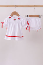 Load image into Gallery viewer, White santa claus smocked bloomer set
