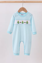 Load image into Gallery viewer, Blue stripe christmas tree smocked romper
