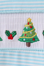Load image into Gallery viewer, Blue stripe christmas tree smocked romper
