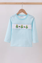 Load image into Gallery viewer, Blue stripe christmas tree smocked top
