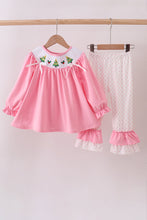 Load image into Gallery viewer, Pink christmas tree smocked ruffle pants set
