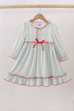 Load image into Gallery viewer, Sage ribbon bow gingham ruffle gown dress
