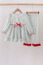 Load image into Gallery viewer, Sage gingham ribbon bow ruffle pants set
