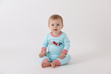 Load image into Gallery viewer, Blue vehicle emboridery romper
