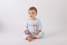 Load image into Gallery viewer, Blue animal smocked ruffle romper
