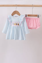 Load image into Gallery viewer, Blue animal smocked ruffle bloomer set

