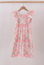 Load image into Gallery viewer, Pink floral checkered ruffle jumpsuit
