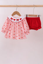 Load image into Gallery viewer, Red heart bow smocked bloomer set
