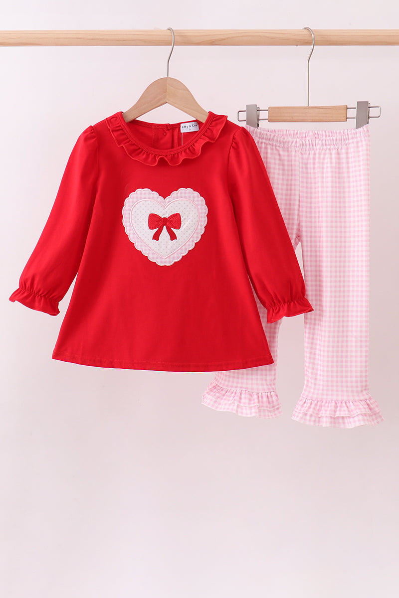 Red heart bow applique ruffle pants set