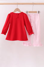 Load image into Gallery viewer, Red heart bow applique ruffle pants set
