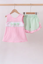 Load image into Gallery viewer, Pink clover bow embroidery seersucker ruffle shorts set
