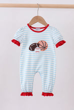 Load image into Gallery viewer, Blue stripe sports trio applique romper
