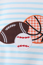 Load image into Gallery viewer, Blue stripe sports trio applique romper
