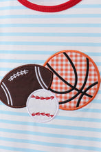 Load image into Gallery viewer, Blue stripe sports Trio applique ruffle pants set
