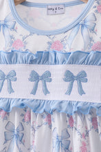 Load image into Gallery viewer, Blue bow floral smocked ruffle pants set
