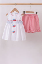 Load image into Gallery viewer, Pink flag smocked ruffle shorts set
