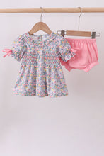 Load image into Gallery viewer, Summer garden smocked ruffle bloomer set
