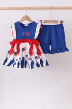 Load image into Gallery viewer, Blue 1776 flag embroidery ruffle shorts set
