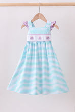 Load image into Gallery viewer, Blue octopus embroidery stripe ruffle dress

