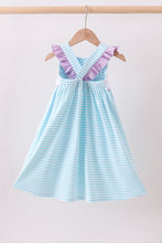 Load image into Gallery viewer, Blue octopus embroidery stripe ruffle dress
