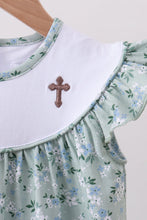 Load image into Gallery viewer, Sage floral cross embroidery ruffle dress
