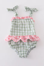 Load image into Gallery viewer, Green seersucker gingham one-piece girl swimsuit
