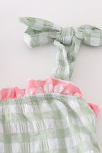 Load image into Gallery viewer, Green seersucker gingham one-piece girl swimsuit
