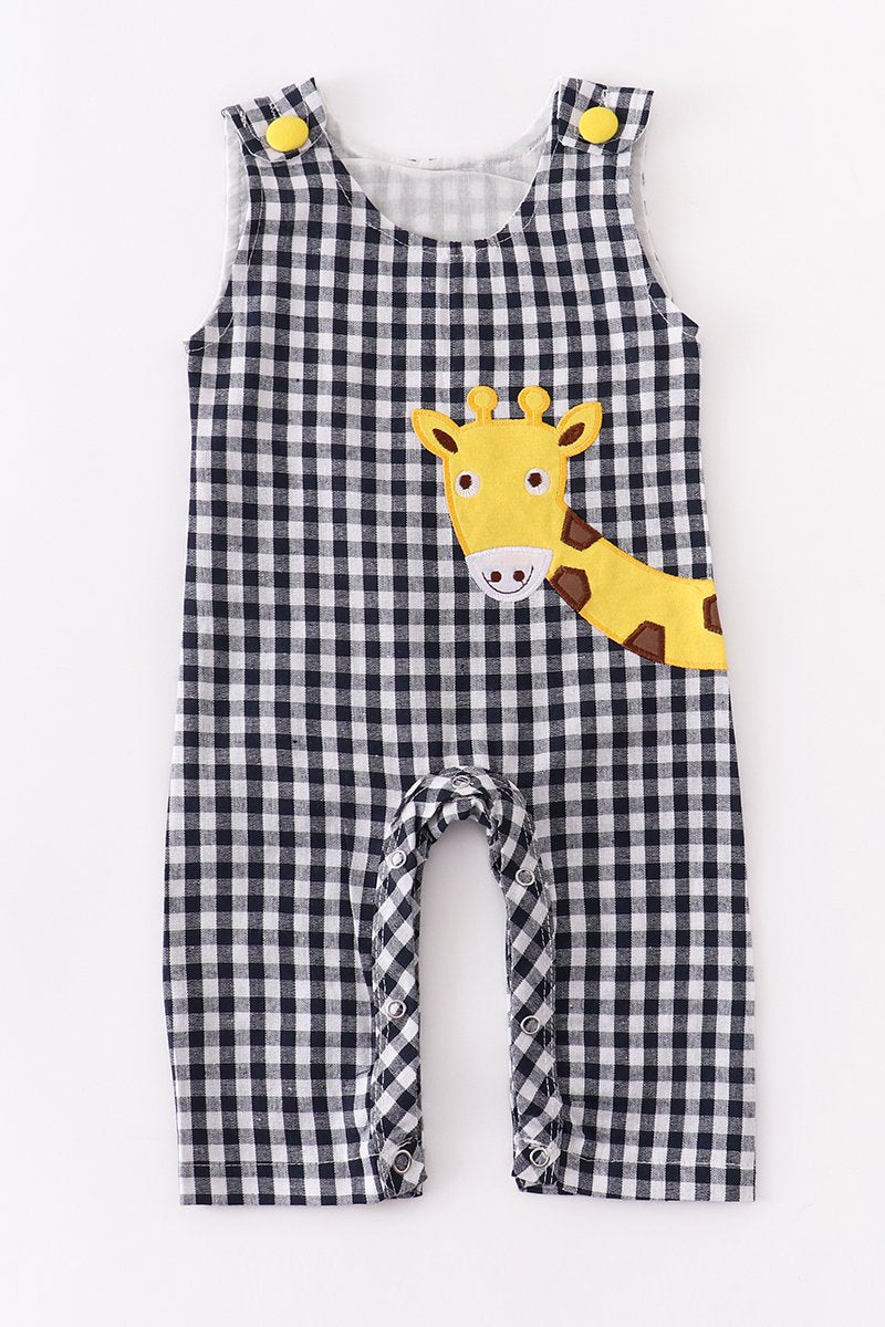 BLACK PLAID GIRAFFE APPLIQUE ROMPER