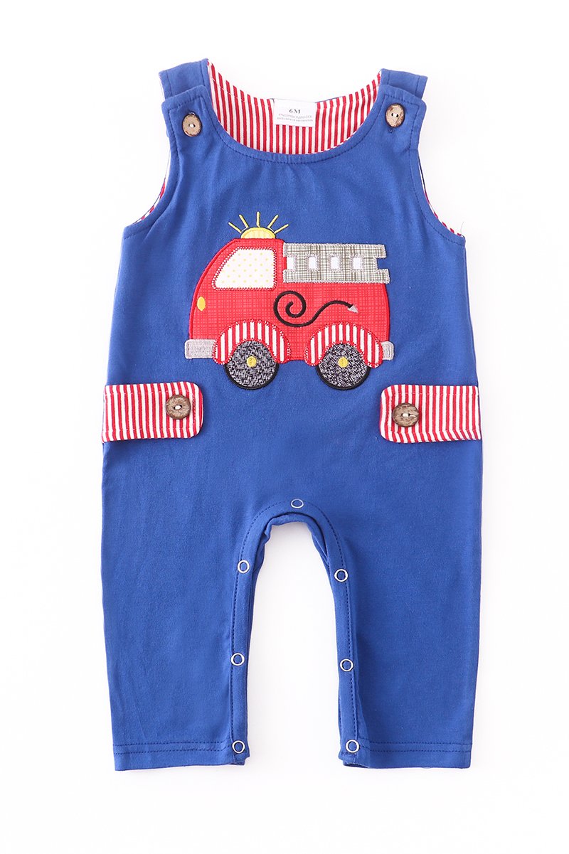 BOYS BLUE FIRE ENGINE APPLIQUE ROMPER