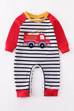 Load image into Gallery viewer, FIRE ENGINE APPLIQUE STRIPED ROMPER
