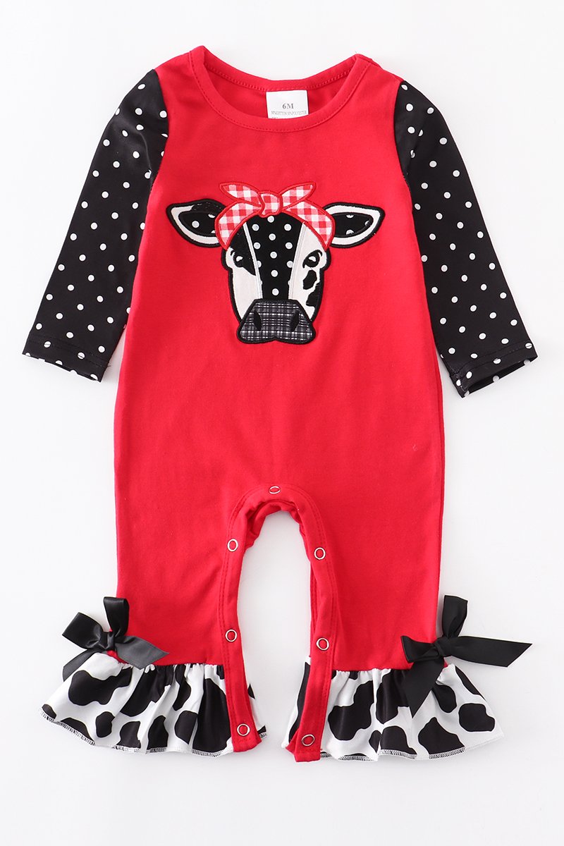 RED COW APPLIQUE RUFFLE BABY ROMPER